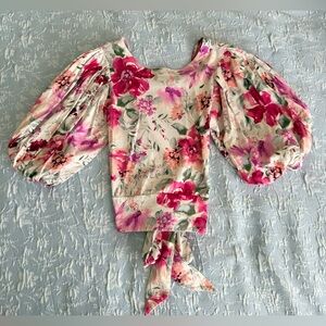 Express Cream Floral Puff-Sleeve Tie-Back Blouse with Pink & Green Accents
